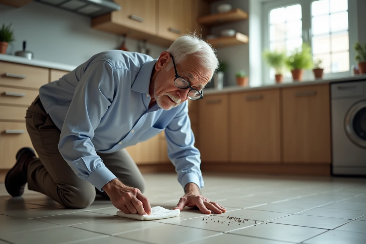 Homme âgé ramassant des puces dans la cuisine avec un chiffon blanc