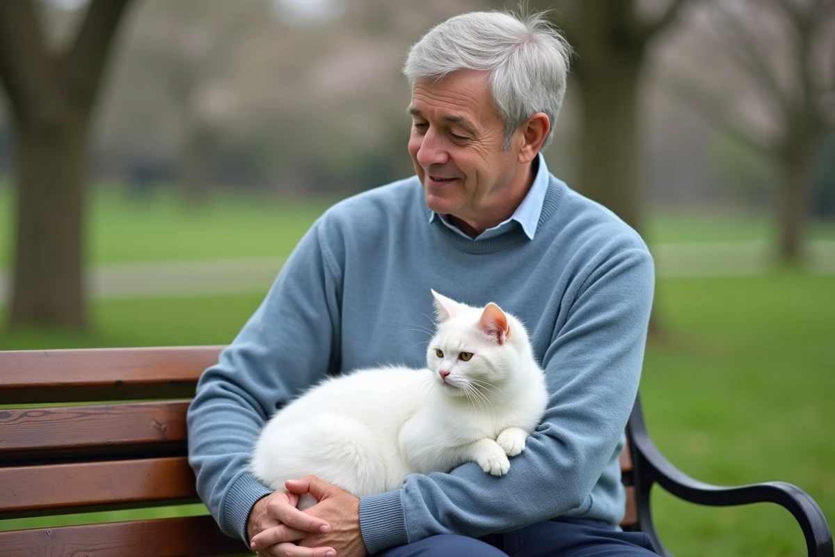 Homme assis sur un banc avec chat angora en plein air