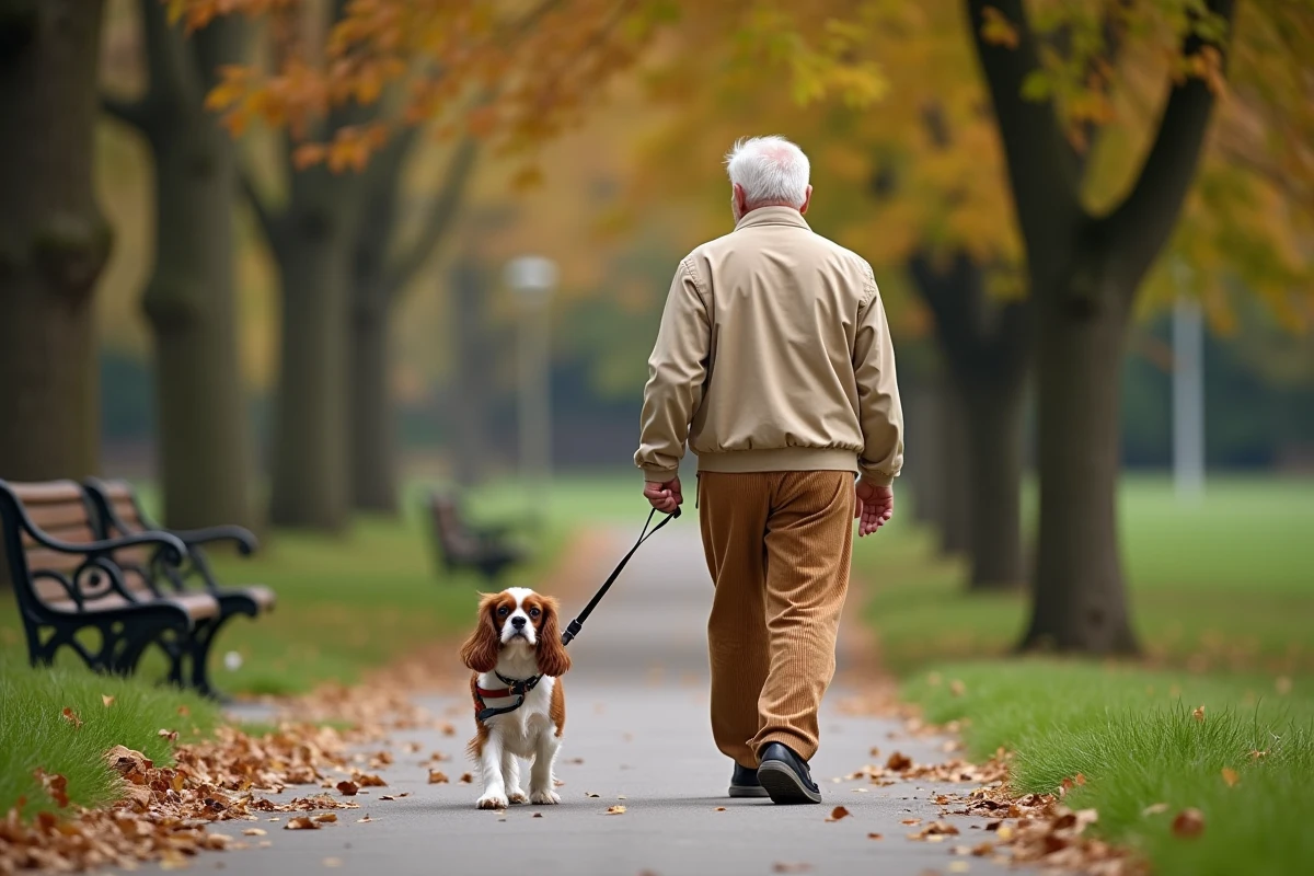 Homme âgé promenant son chien dans un parc en automne