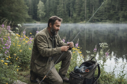 Homme barbu en pleine nature préparant sa canne à pêche
