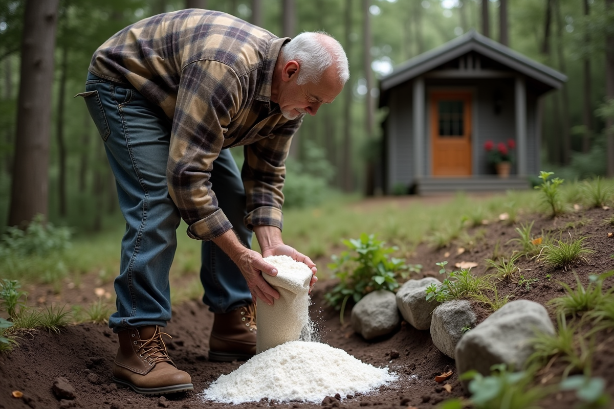 Homme âgé versant de la chaux vive dans la terre