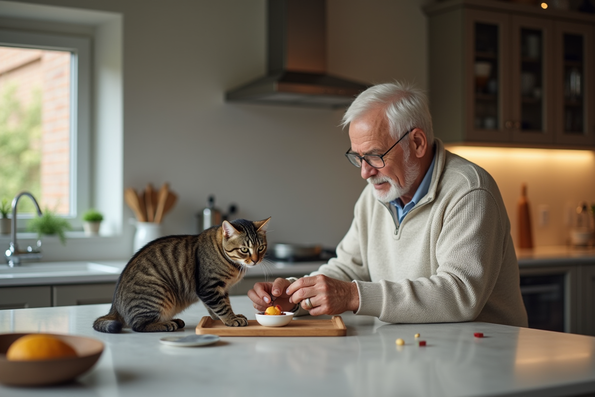 Homme senior prépare repas pour chat diabétique en cuisine