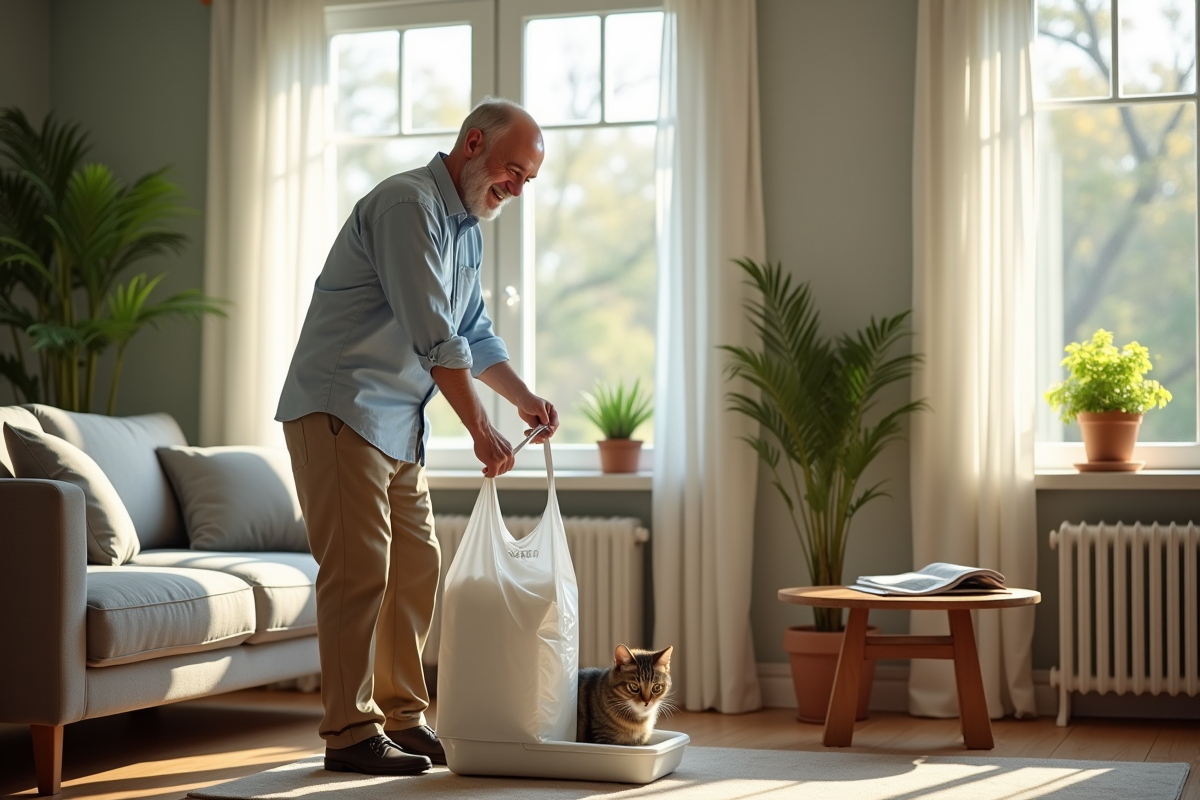 Homme changeant le sac de litière dans un salon ensoleille
