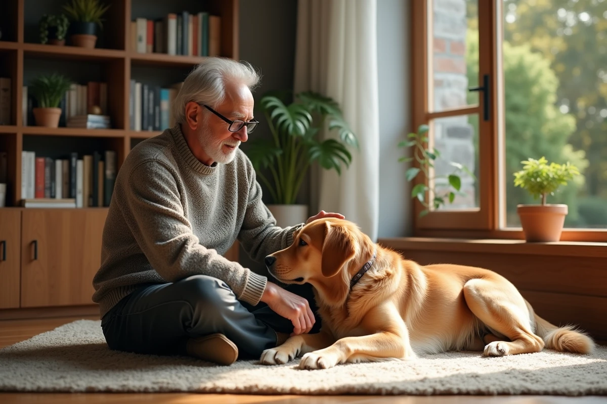 Homme âgé caressant son chien dans un salon chaleureux