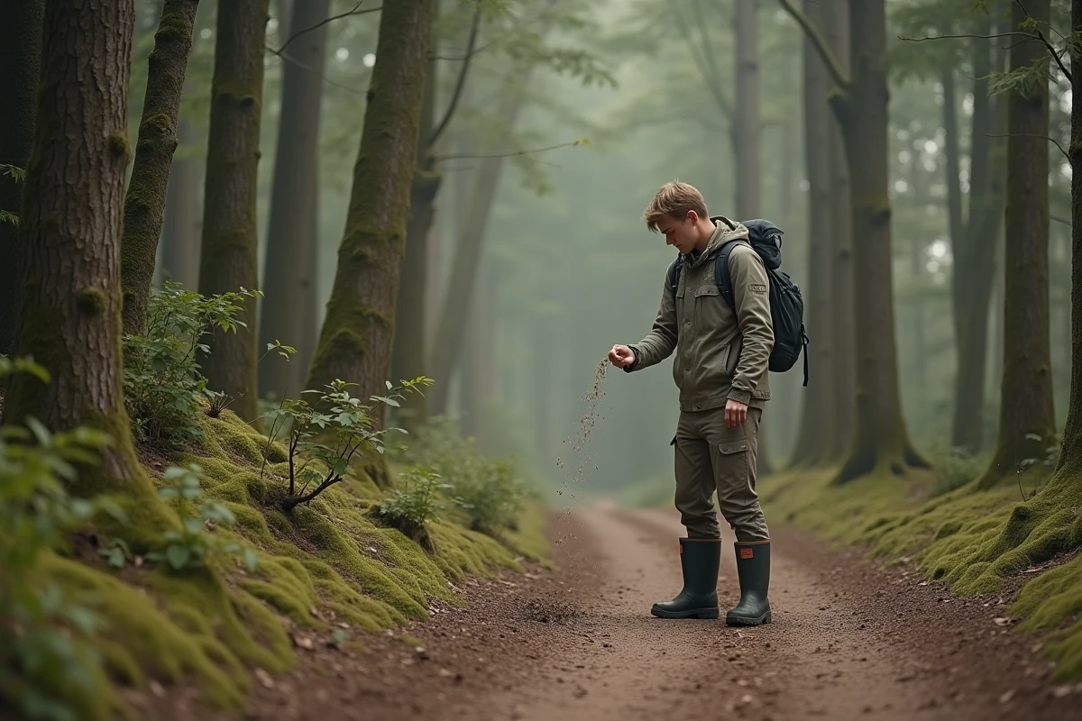 Jeune homme dispersant répulsif naturel dans la forêt