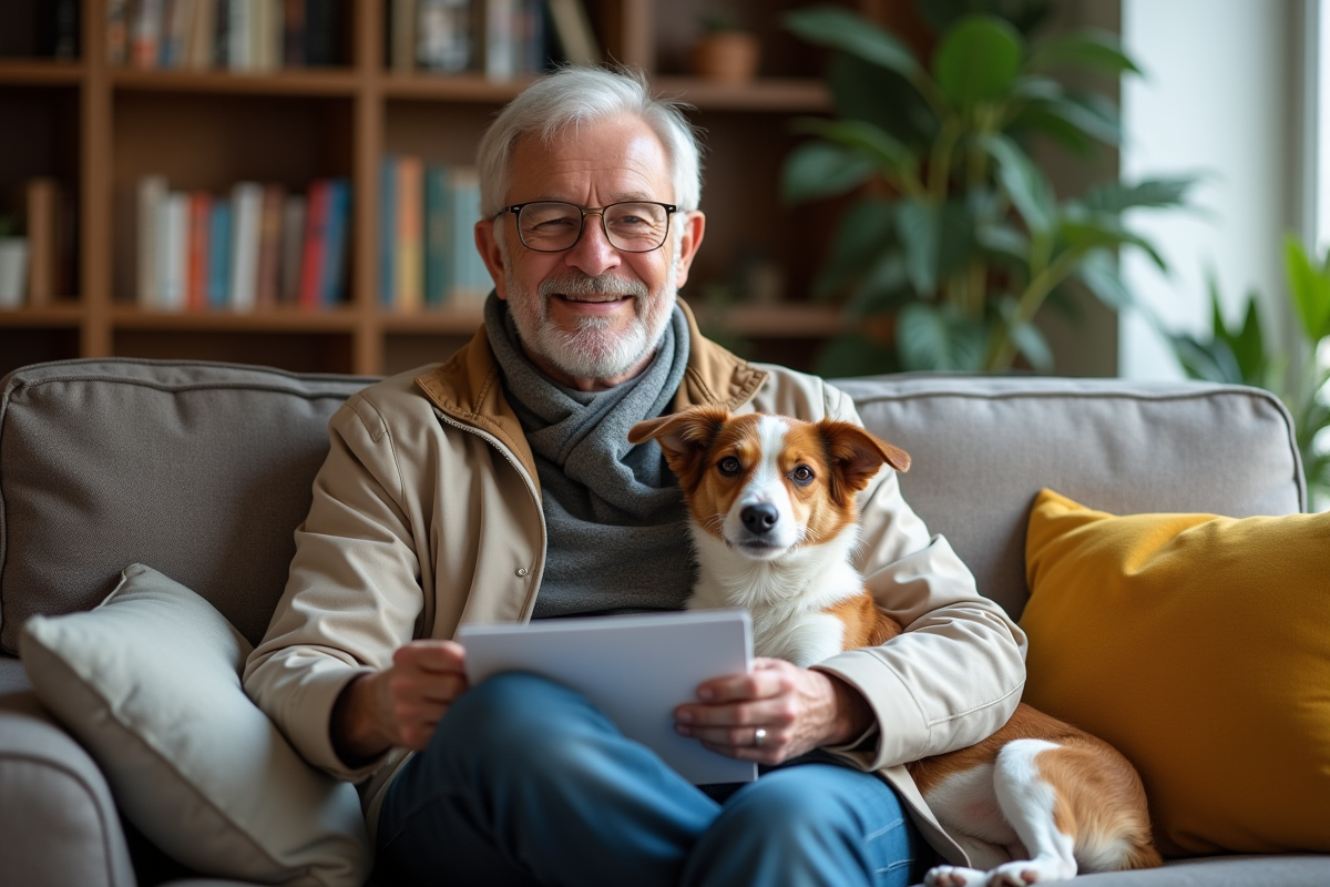 Homme senior avec chien sur son sofa intérieur