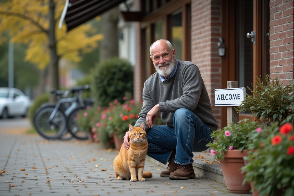 Homme avec chat orange devant une clinique veterinaire
