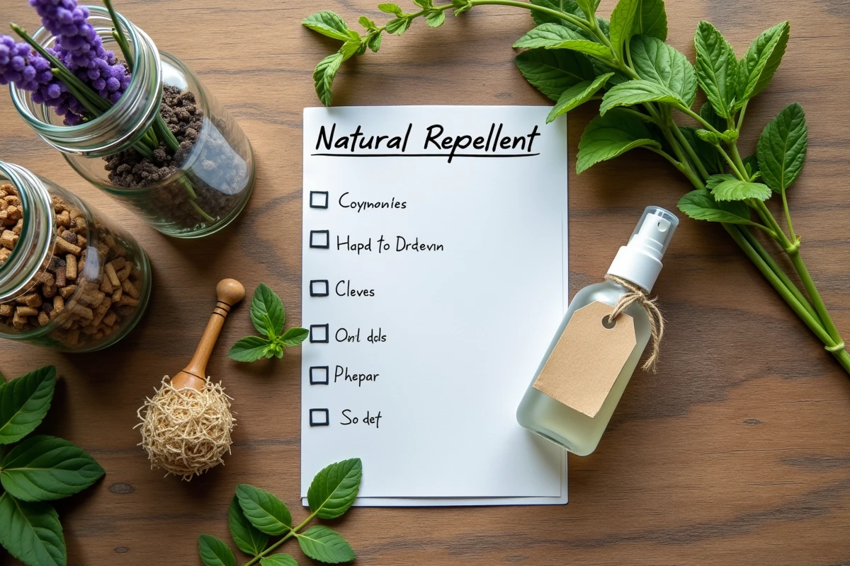 Ingrédients naturels et astuces durables pour la prévention des insectes à la maison disposés en flat lay