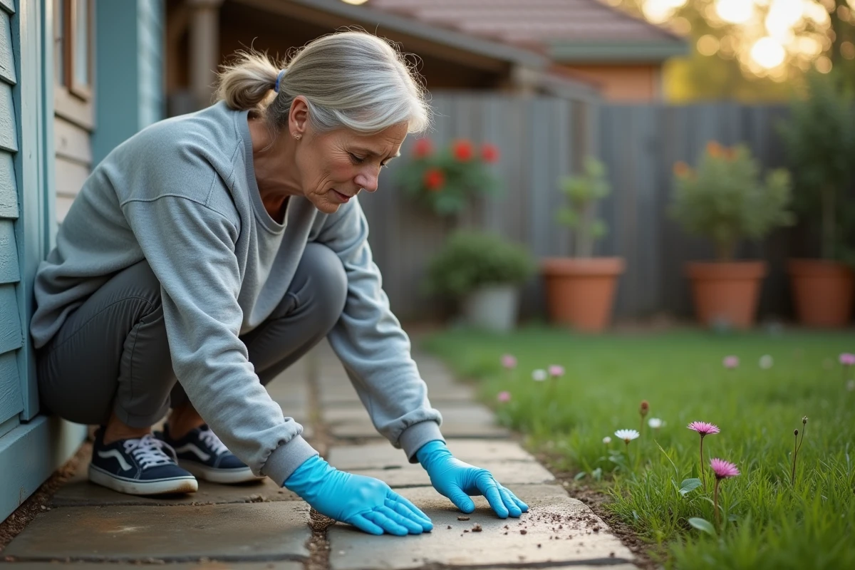 Femme inspectant des crottes de rongeurs près d'un cabanon de jardin avec des gants de protection
