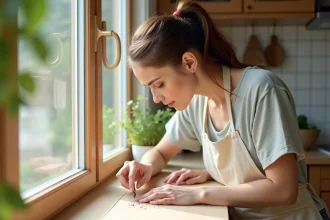 Femme inspectant un cadre de fenêtre en bois infesté d'insectes dans une cuisine domestique
