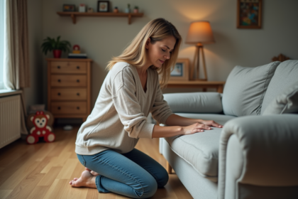 Femme inspectant le tissu du canapé dans un intérieur cosy