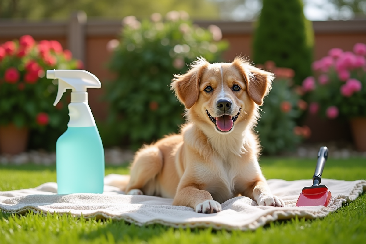 Jardin bien entretenu avec chien sur une couverture propre