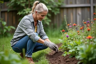Femme jardinant avec répulsif naturel dans un jardin verdoyant