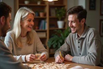 Famille jouant à un jeu de mots autour d'une table avec des cartes représentant des lettres et des animaux en U