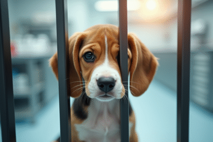 Chiot beagle derrière les barreaux en laboratoire lumineux