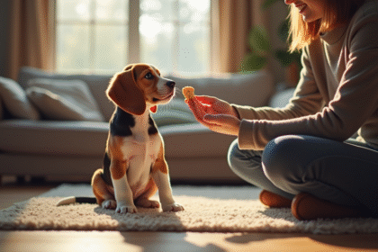 Jeune chiot beagle assis sur un tapis de salon regardant en haut
