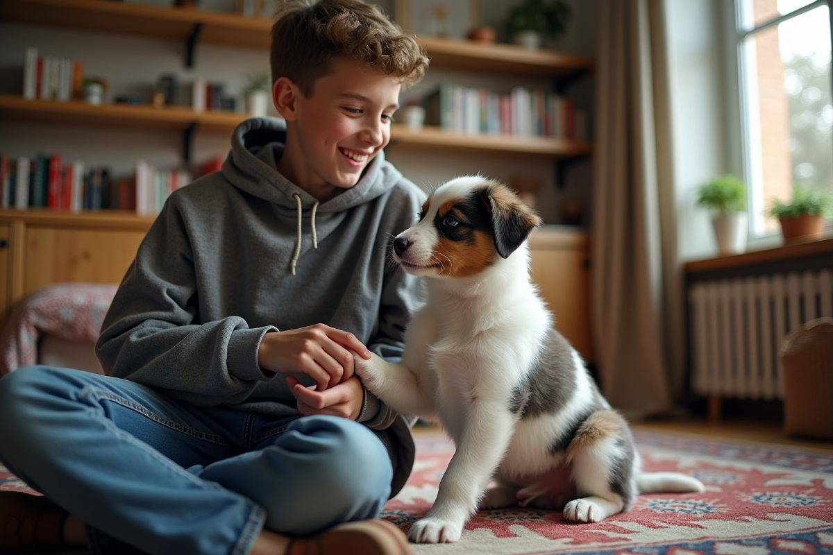 Jeune garçon souriant avec un chiot border collie dans un salon