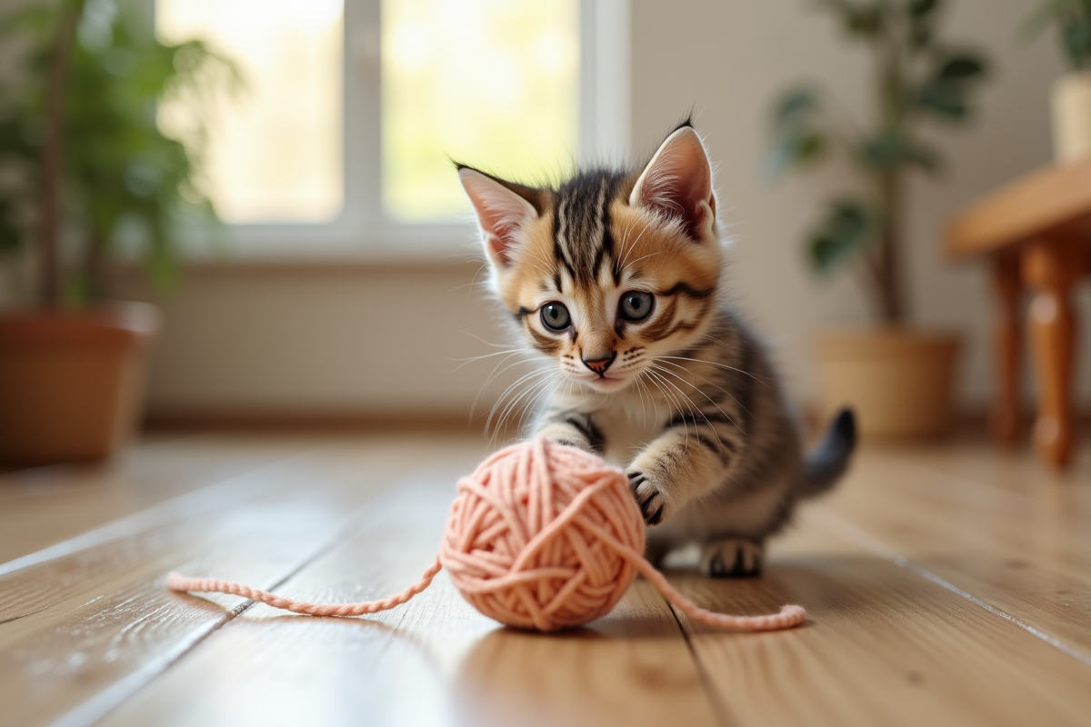 Chaton jouant seul avec une pelote de laine dans un intérieur lumineux