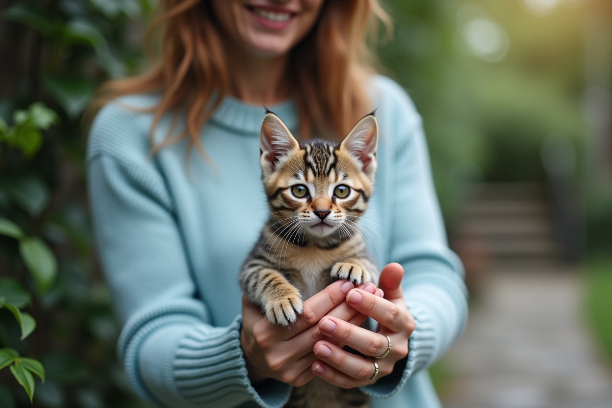 Jeune chaton tacheté dans les mains d