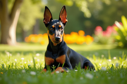Chiot doberman en pleine santé dans un jardin ensoleille