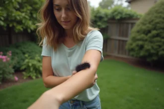 Jeune femme regardant son bras avec un caterpillar noir