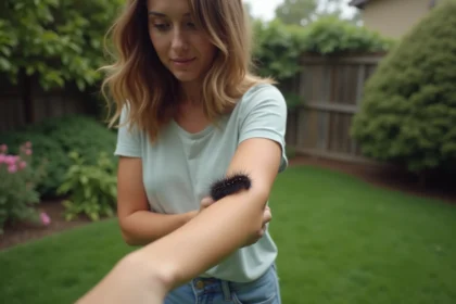 Jeune femme regardant son bras avec un caterpillar noir