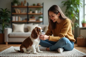 Jeune femme avec chiot spaniel dans un salon cosy