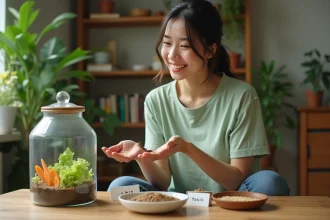 Jeune femme avec un glitterarium et un criquet dans la main