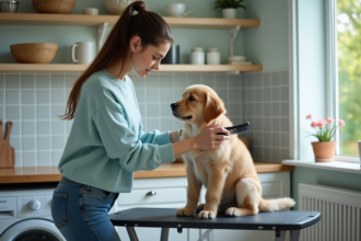 Jeune femme brossant un chiot golden retriever dans une pièce moderne