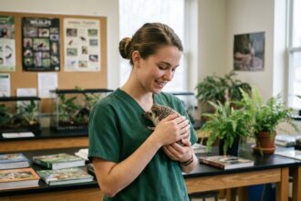 Jeune femme en scrubs vert fonce tient un hibou dans une salle de réhabilitation animale