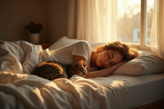 Jeune femme dormant paisiblement dans une chambre lumineuse avec un chat au pied