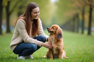 Jeune femme avec un teckel dans un parc en plein air