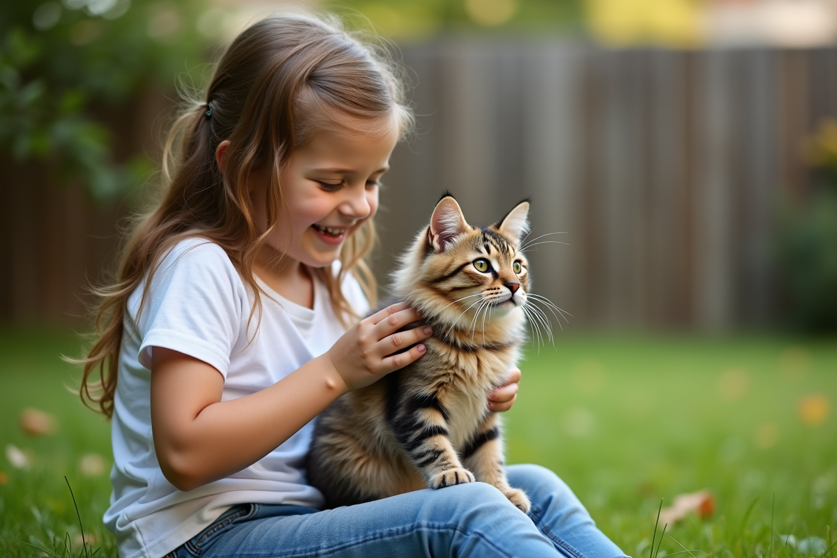 Jeune fille caressant un chat tacheté dans un jardin verdoyant