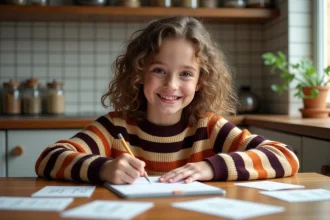 Jeune fille souriante écrit à la cuisine avec cartes et carnet