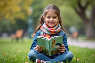 Jeune fille avec livre sur l'ibis dans un parc urbain