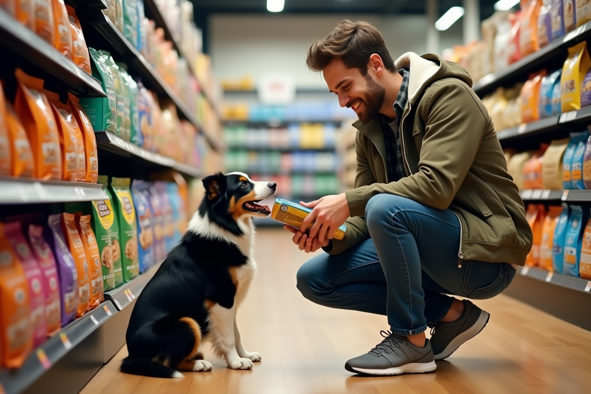 Jeune homme choisissant une nourriture pour chien dans une animalerie avec son chien