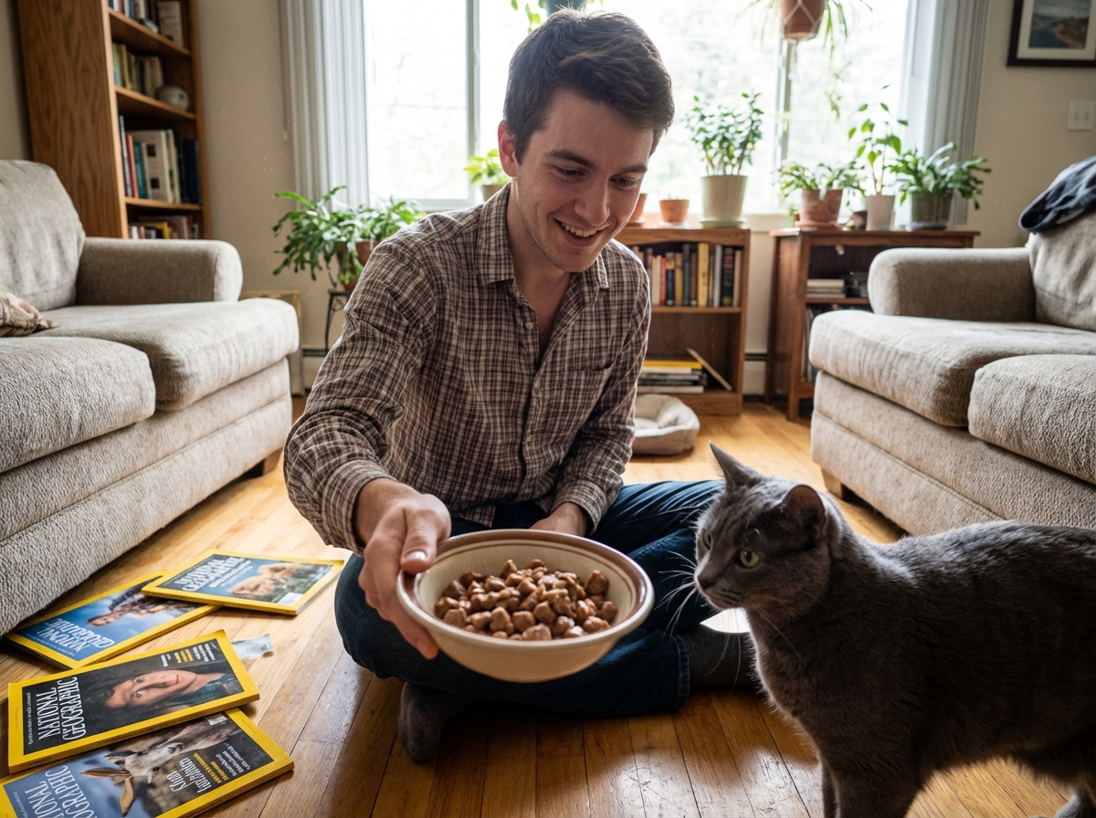 Jeune homme souriant donne à manger à son chat dans le salon lumineux