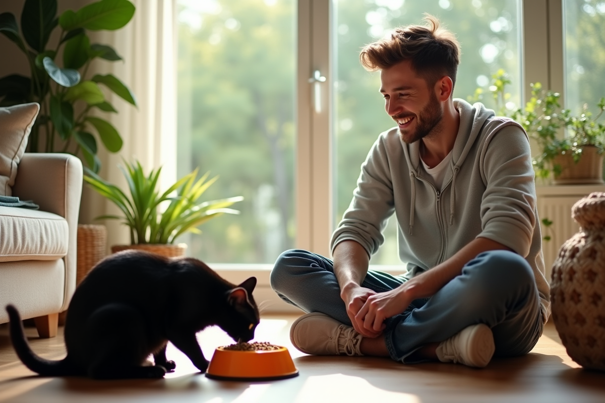 Jeune homme souriant avec son chat mangeant