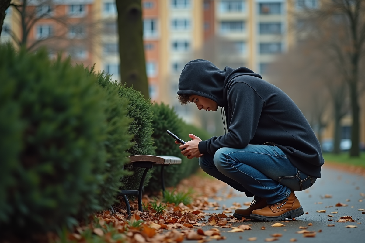 Jeune homme avec un téléphone montrant un chat dans un parc urbain