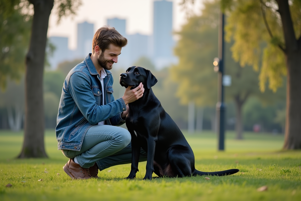 Jeune homme caressant un labrador dans un parc urbain