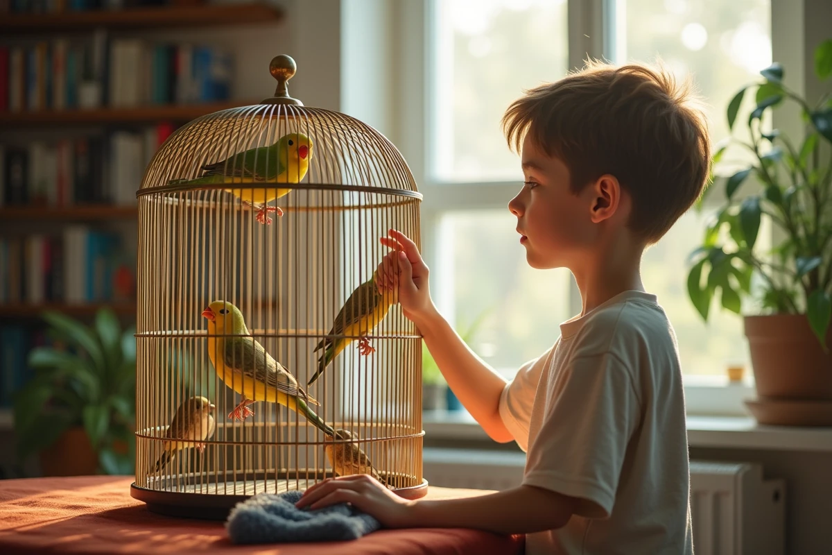Jeune garçon nettoyant une cage à oiseaux avec des perruches