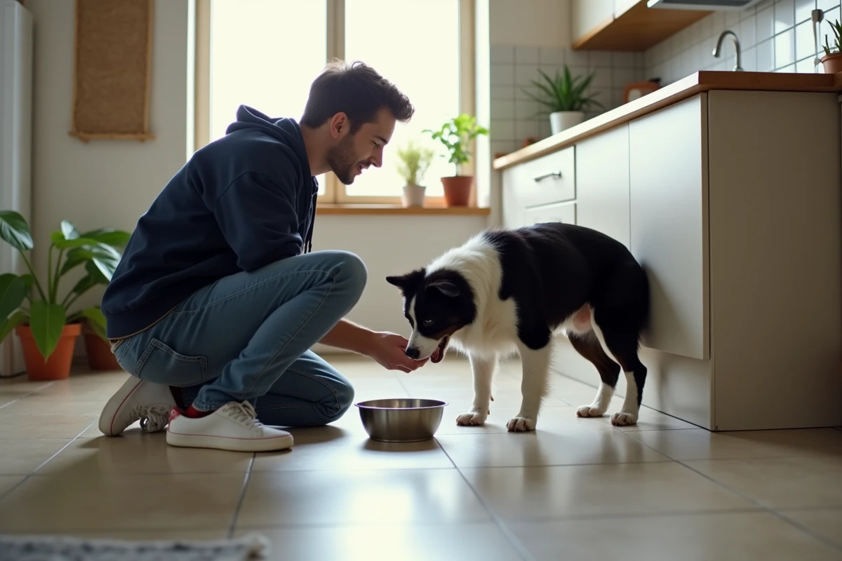 Jeune homme donnant à manger à un border collie dans la cuisine