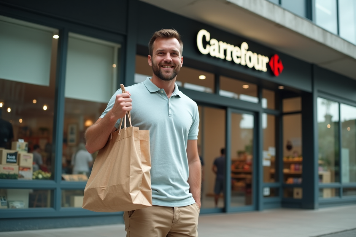 Jeune homme avec sac de nourriture pour chien devant supermarche