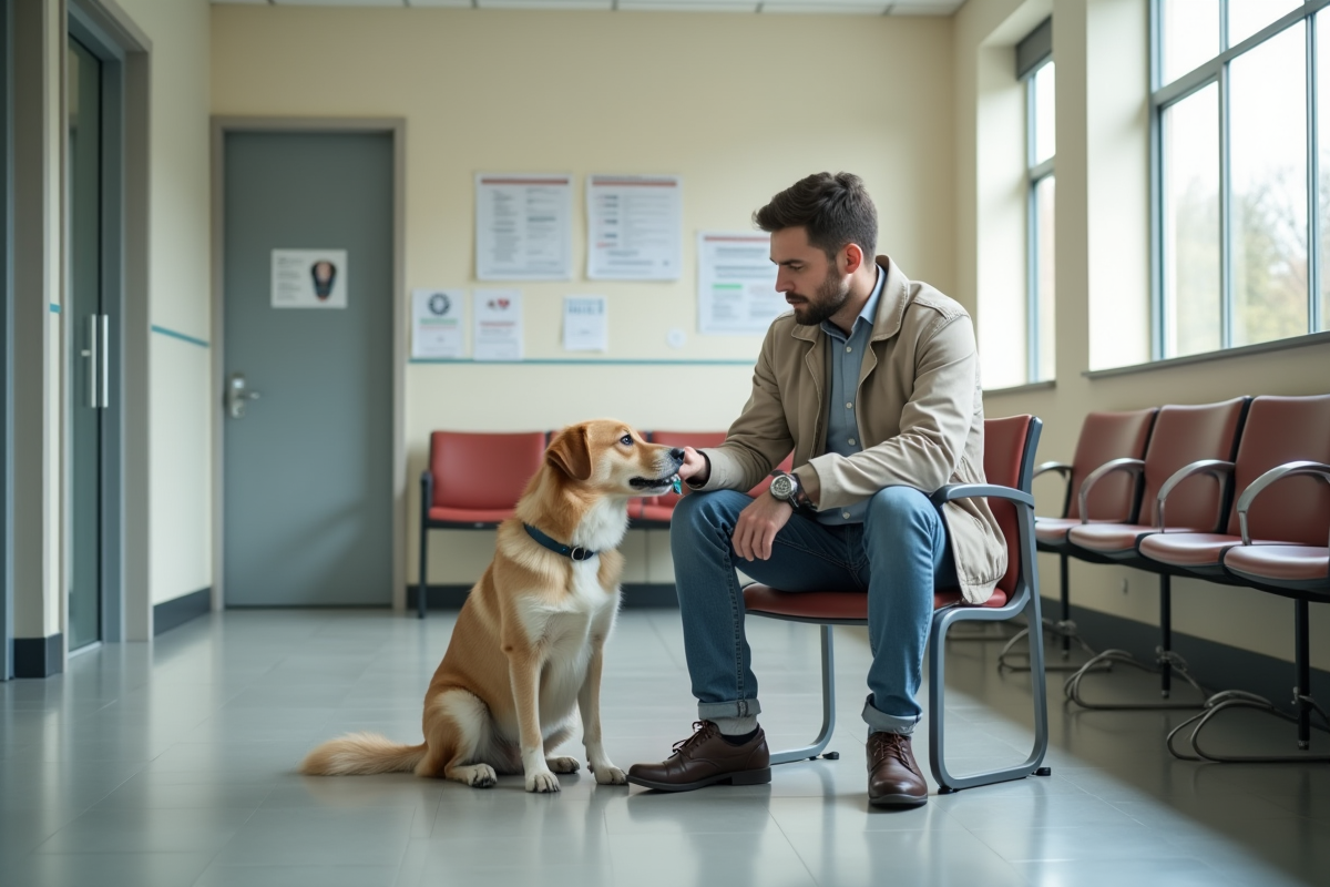 Jeune homme avec chien dans salle d