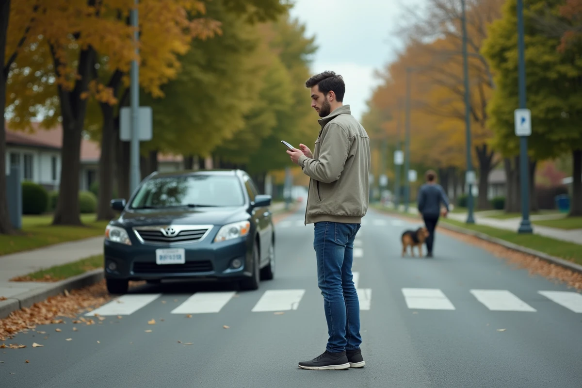Jeune homme vérifiant son téléphone à côté de sa voiture sur une route