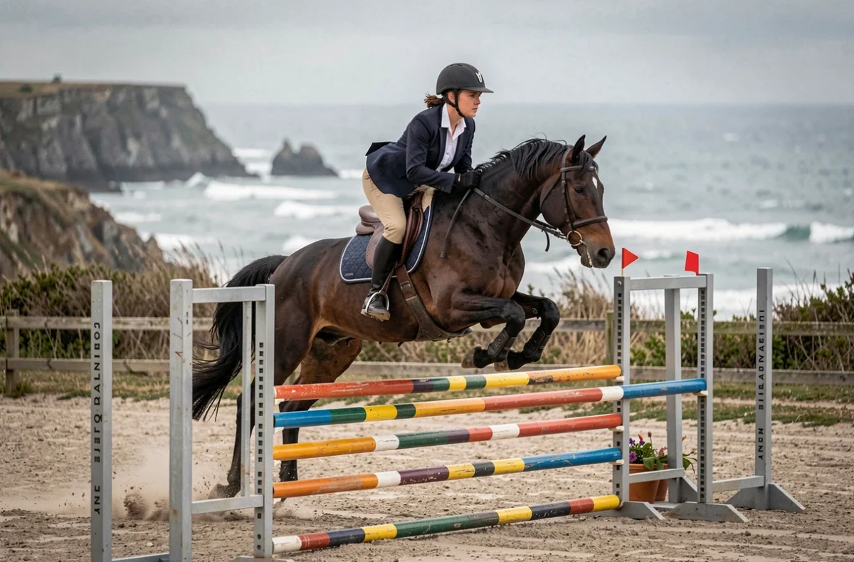 Cavalière sur un cheval bai sombre franchissant un obstacle de saut en plein air chez Joalland Équitation à La Plaine-sur-Mer avec la côte atlantique en arrière-plan