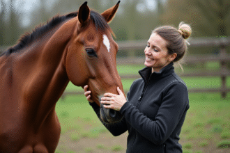 Jument chestnut et cavaliere en paddock naturel