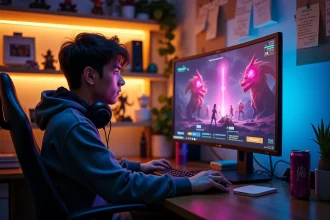 Joueur de Dofus 3 concentré devant son écran avec interface RPG colorée et créature rose visible, dans une salle de jeu cosy