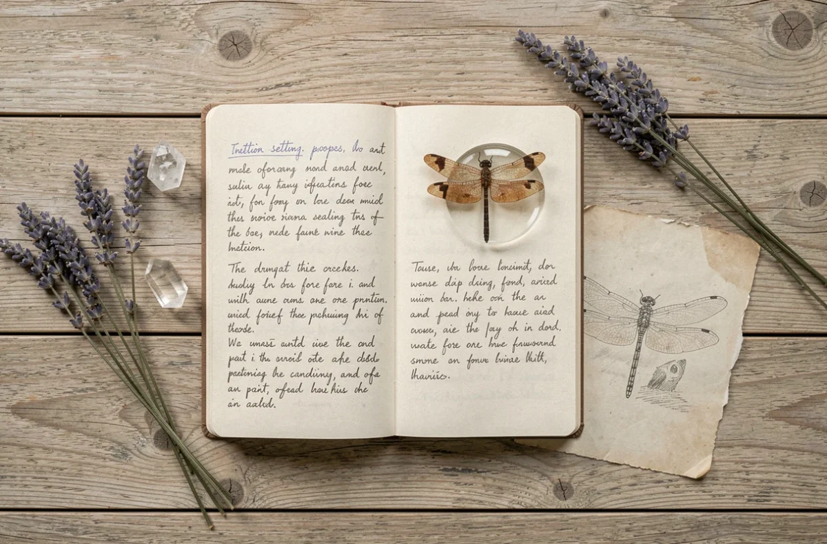 Journal d'intentions ouvert avec aile de libellule et cristaux, rituels de manifestation et loi de l'attraction