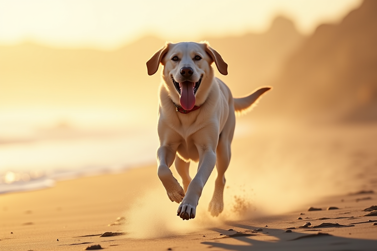 Labrador joyeux courant vers la caméra sur la plage